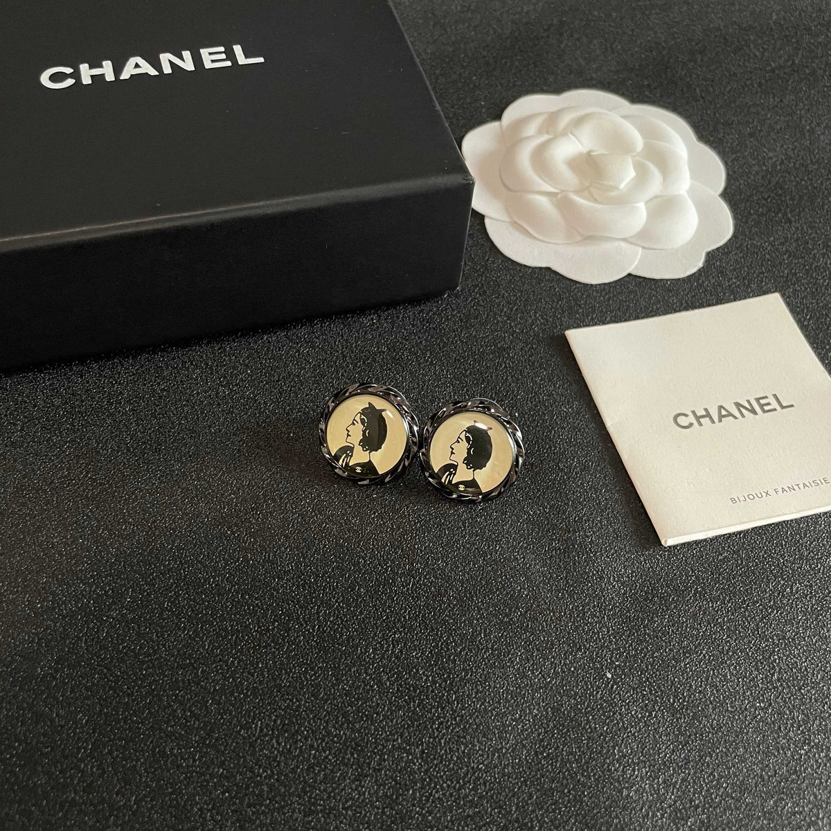 Double-C Emblem Stud Earrings in Polished Metal-Tone – Design 255 styled product view