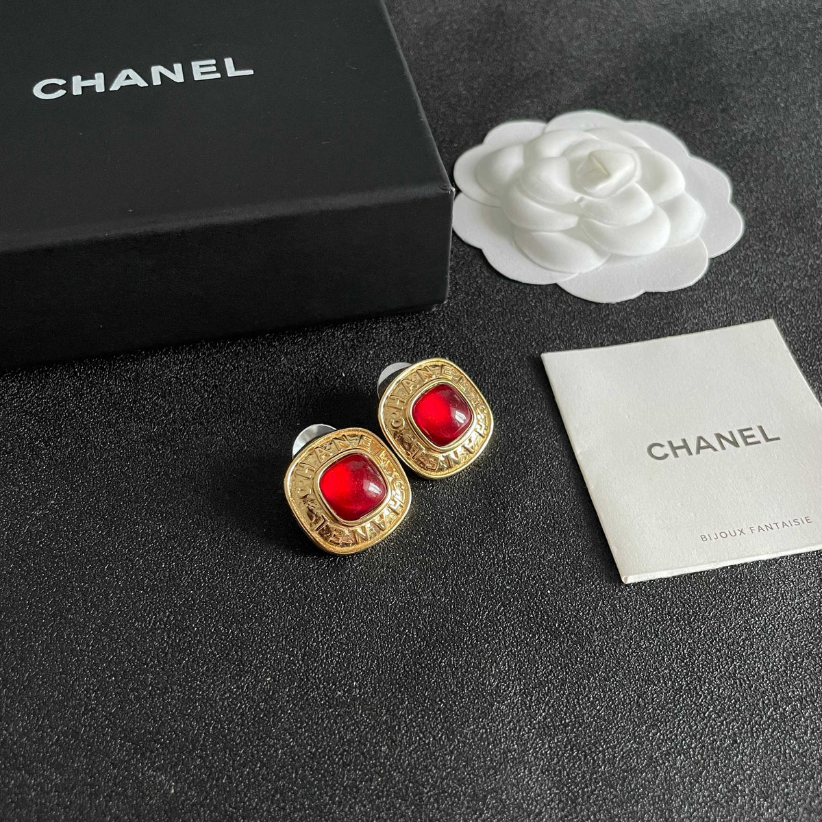 Double-C Emblem Stud Earrings in Polished Metal-Tone – Design 254 styled product view