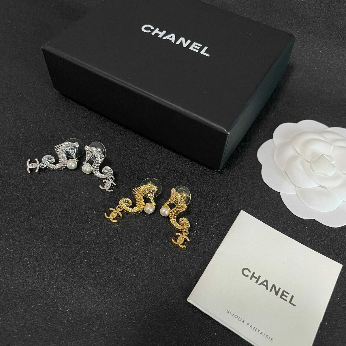 Double-C Emblem Pearl-Detail Statement Earrings – Pearl Detail – Design 017 close-up detail