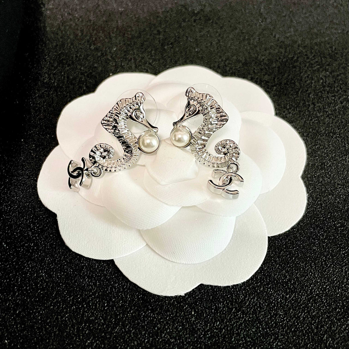 Double-C Emblem Pearl-Detail Statement Earrings – Pearl Detail – Design 016 front product view