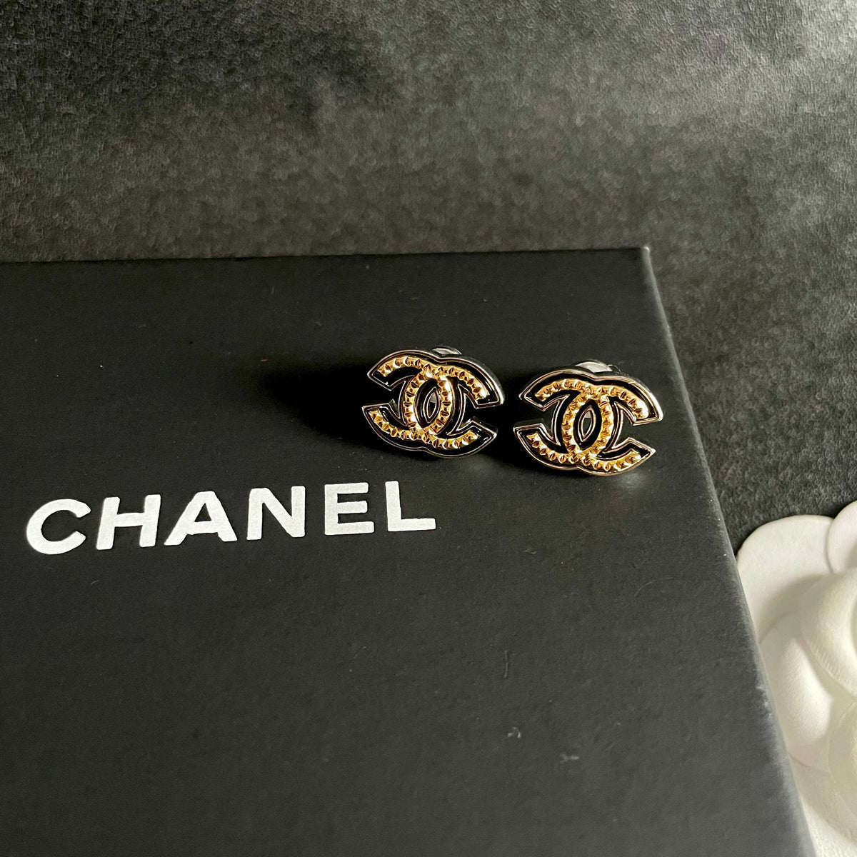 Signature Emblem Stud Earrings in Polished Metal-Tone – Design 038 detail view
