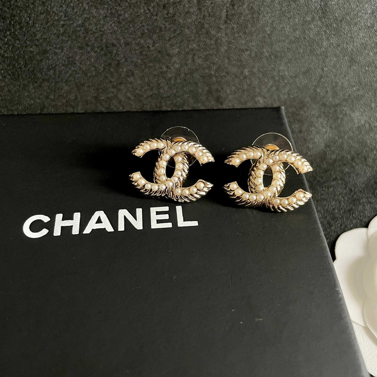 Signature Emblem Stud Earrings in Polished Metal-Tone – Design 033 detail view