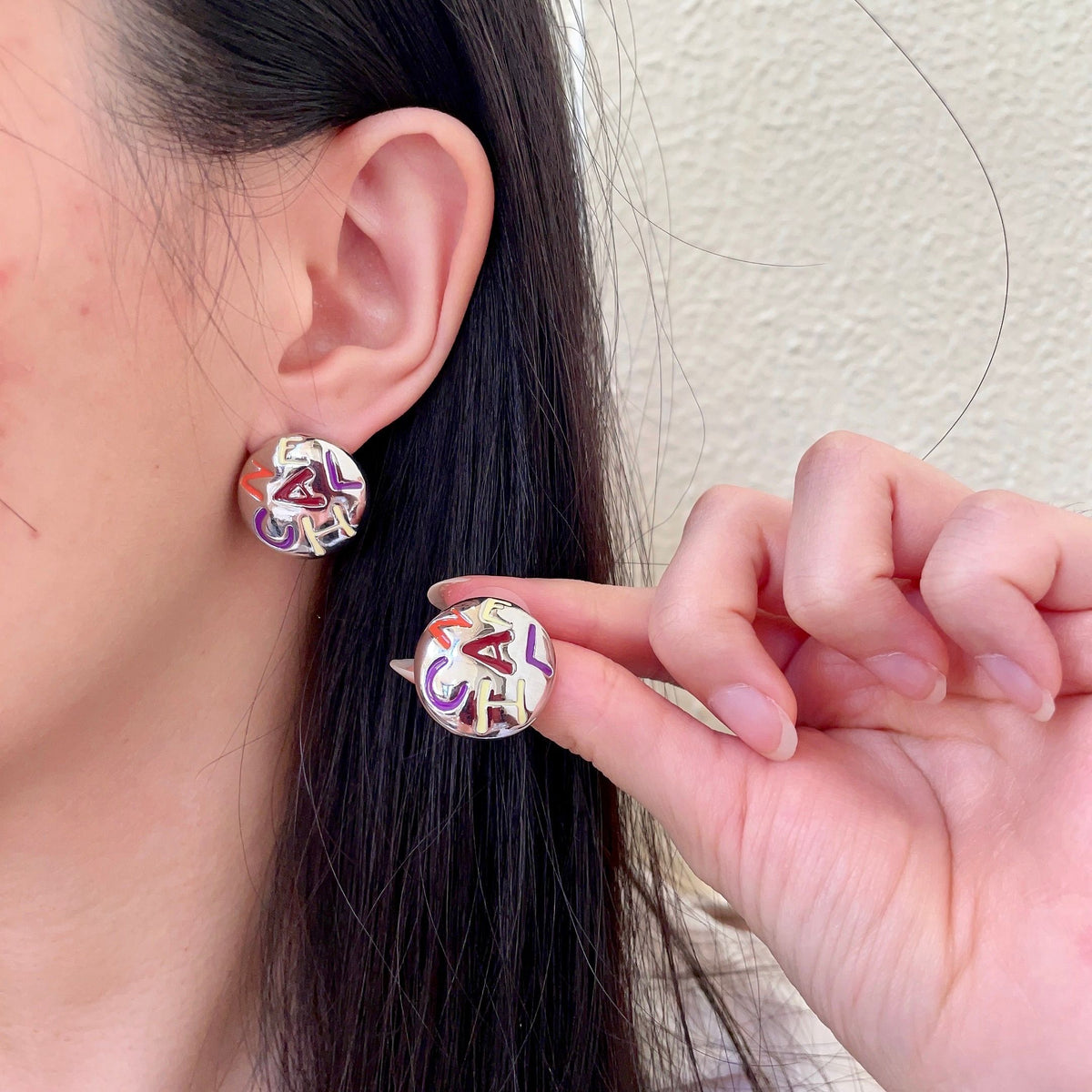 Double-C Emblem Stud Earrings in Polished Metal-Tone – Design 244 main product view