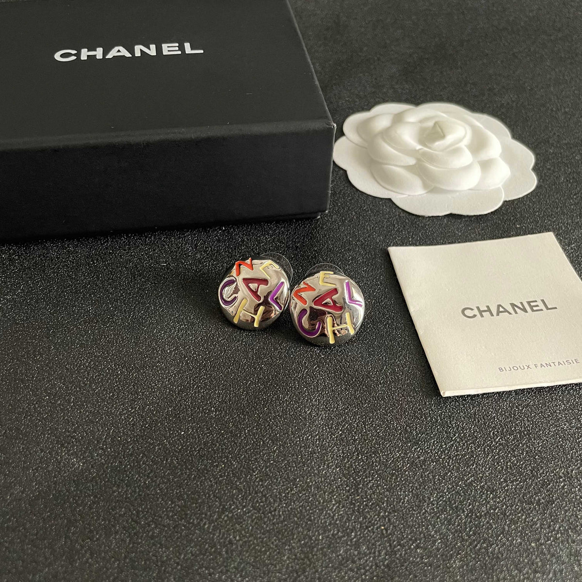 Double-C Emblem Stud Earrings in Polished Metal-Tone – Design 244 styled product view