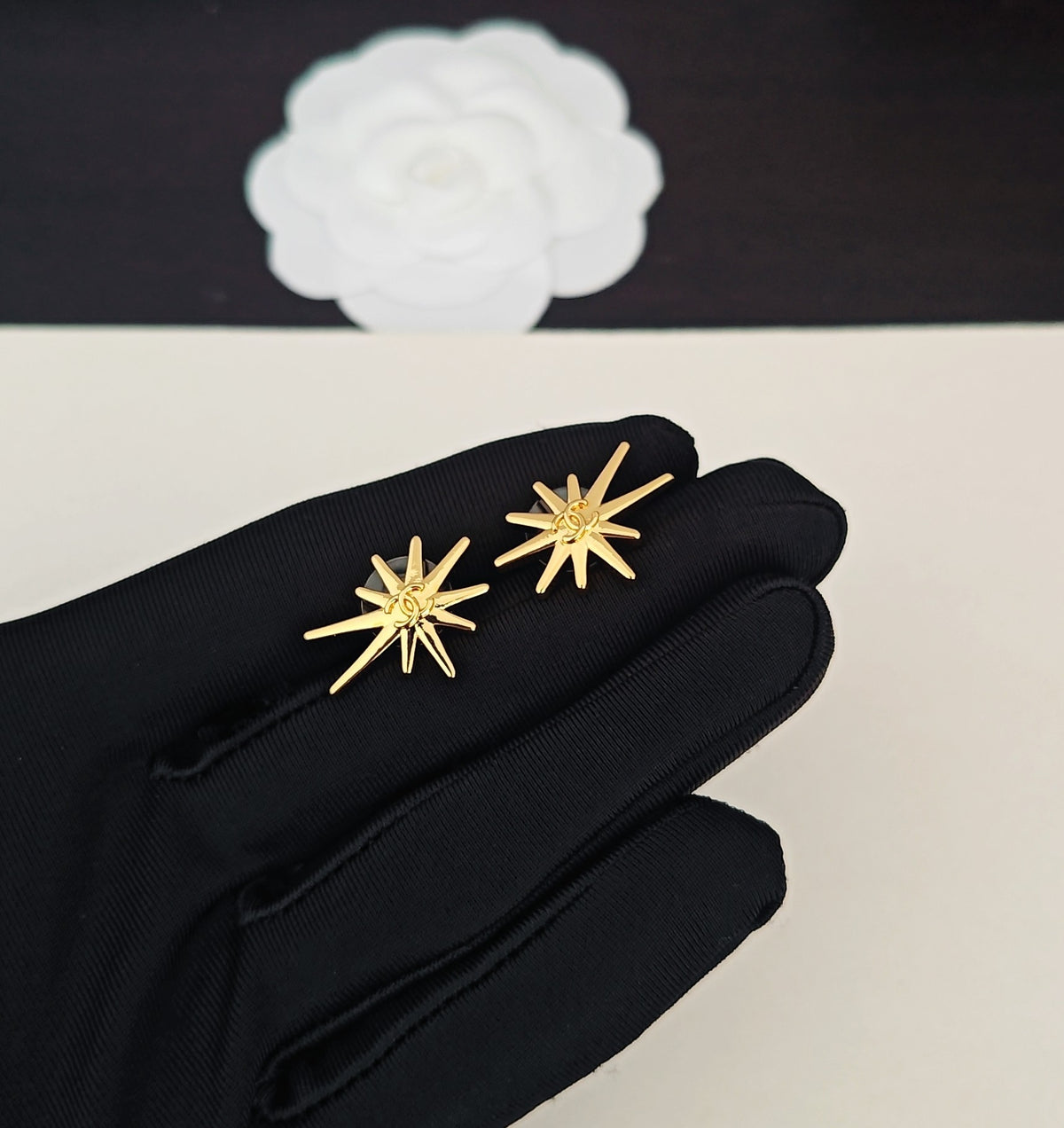 Signature Emblem Stud Earrings in Gold-Tone – Design 053 detail view