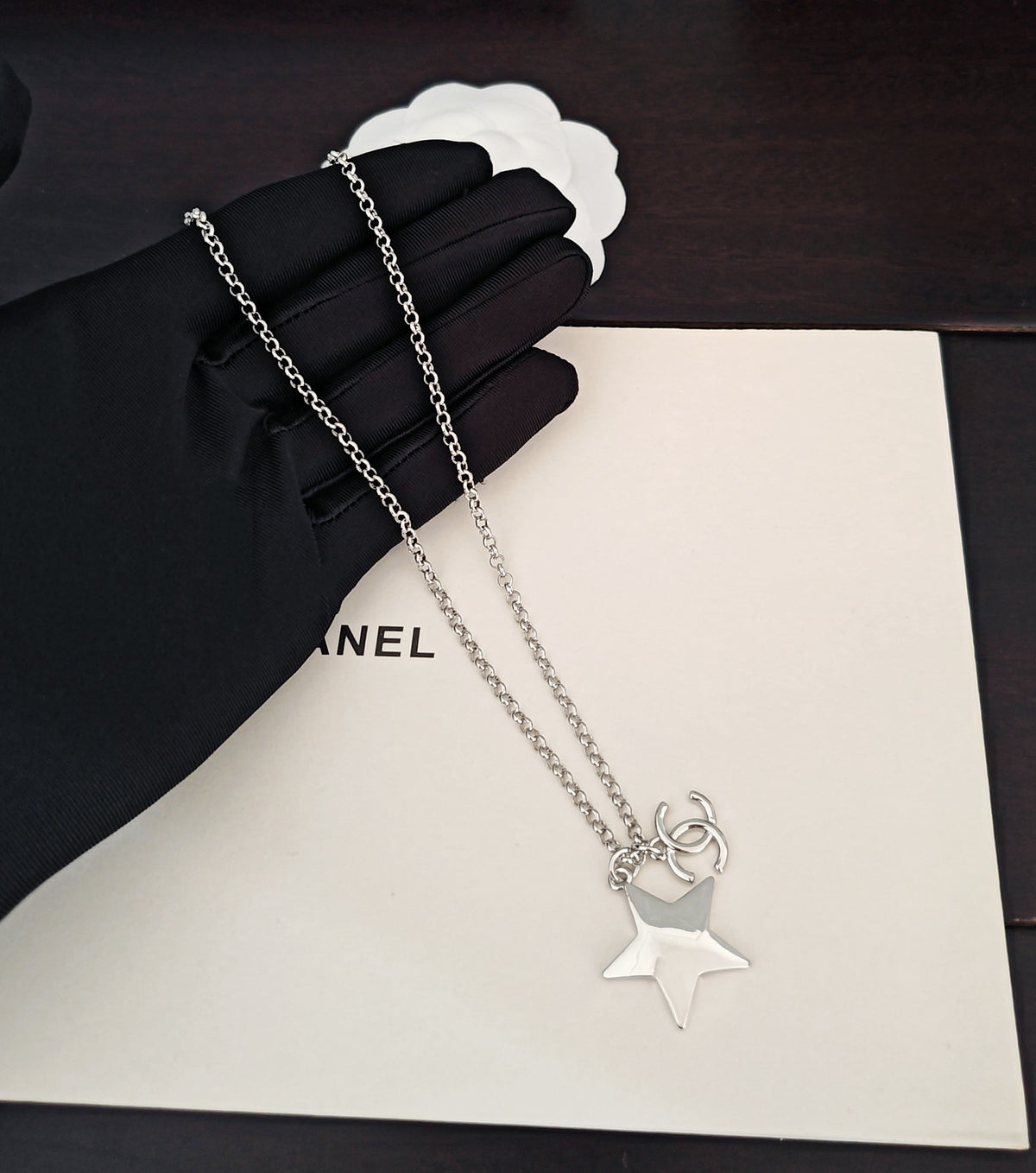 Signature Emblem Pendant Necklace in Gold-Tone – White Detail – Design 008 main product view