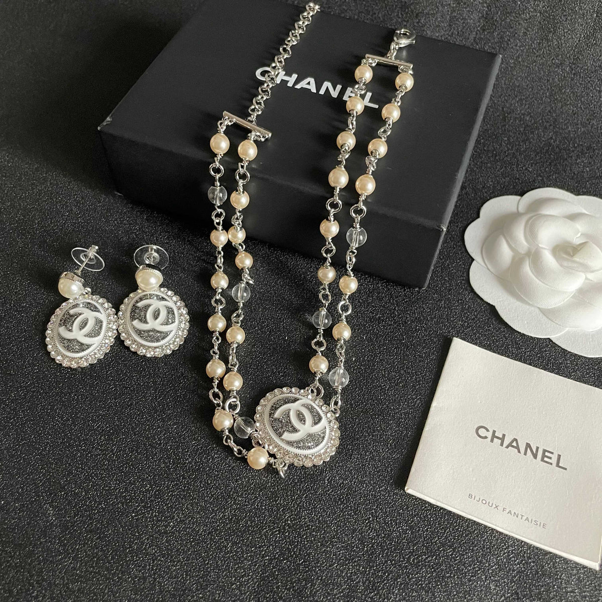 Double-C Emblem Pearl-Detail Pendant Necklace – Pearl Detail – Design 095 close-up detail