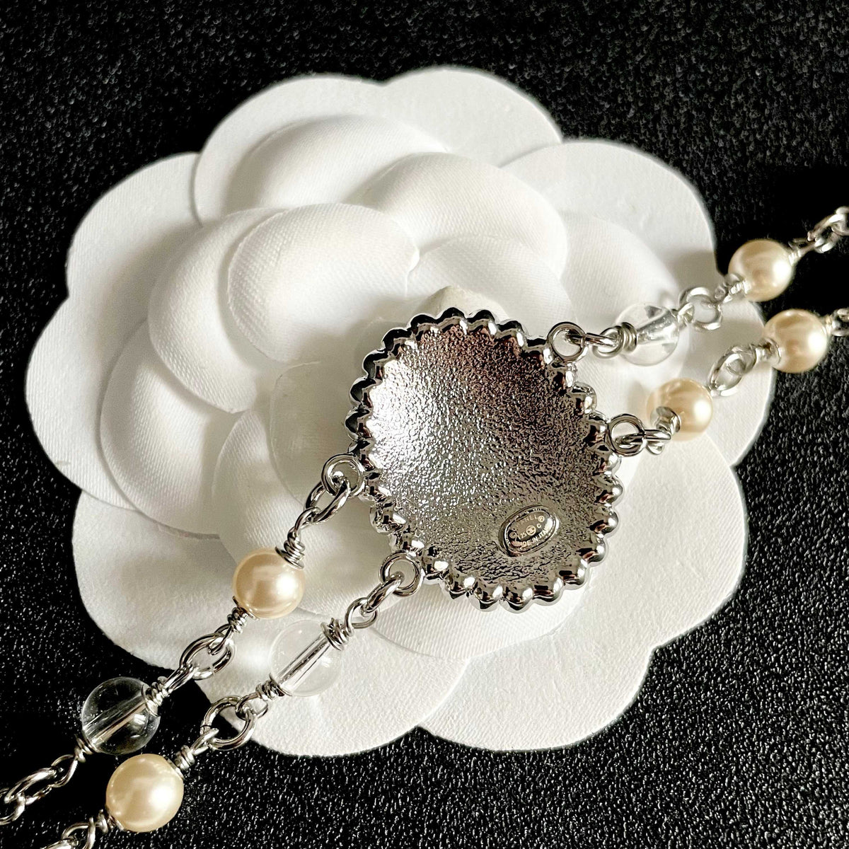 Double-C Emblem Pearl-Detail Pendant Necklace – Pearl Detail – Design 067 front product view