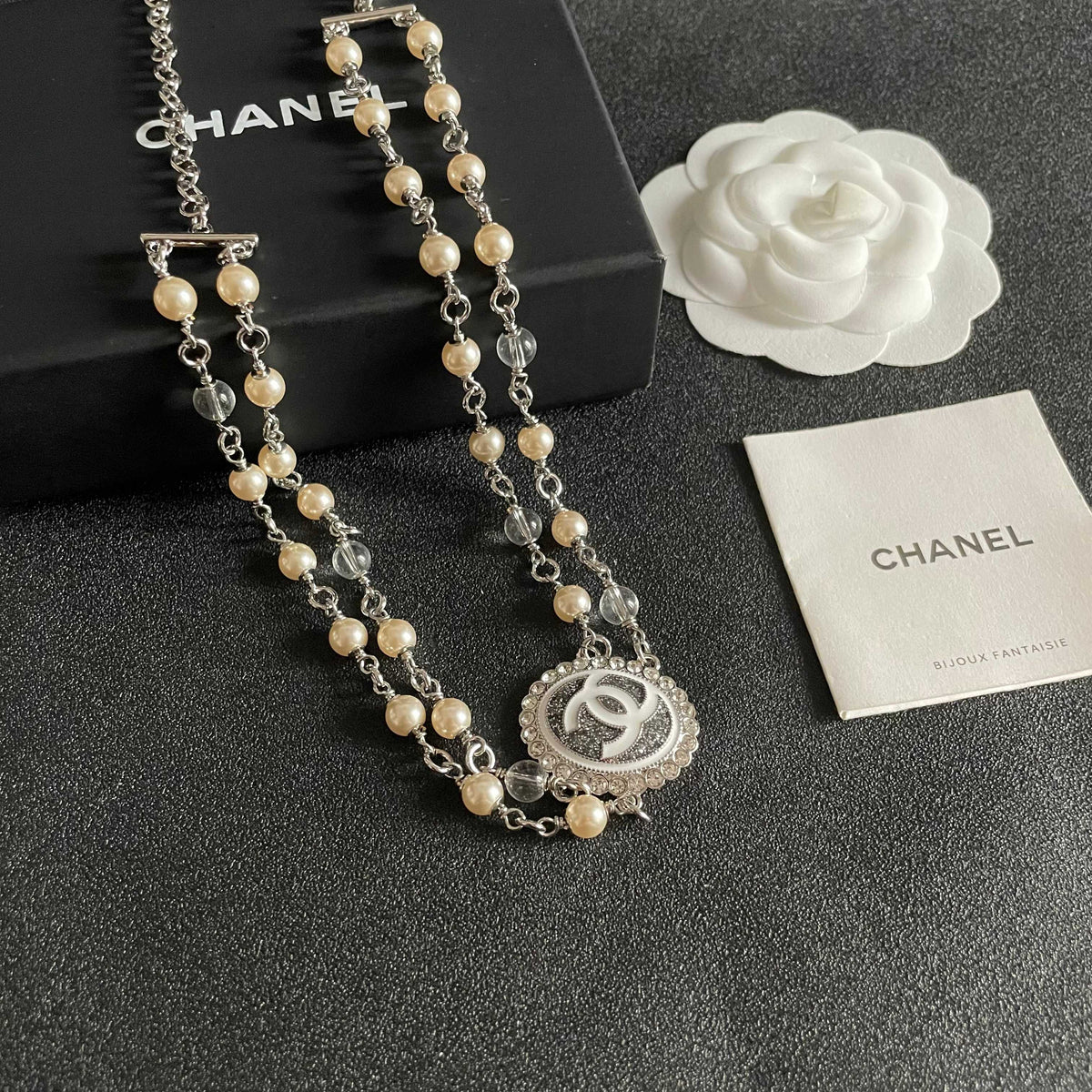 Double-C Emblem Pearl-Detail Pendant Necklace – Pearl Detail – Design 067 styled product view