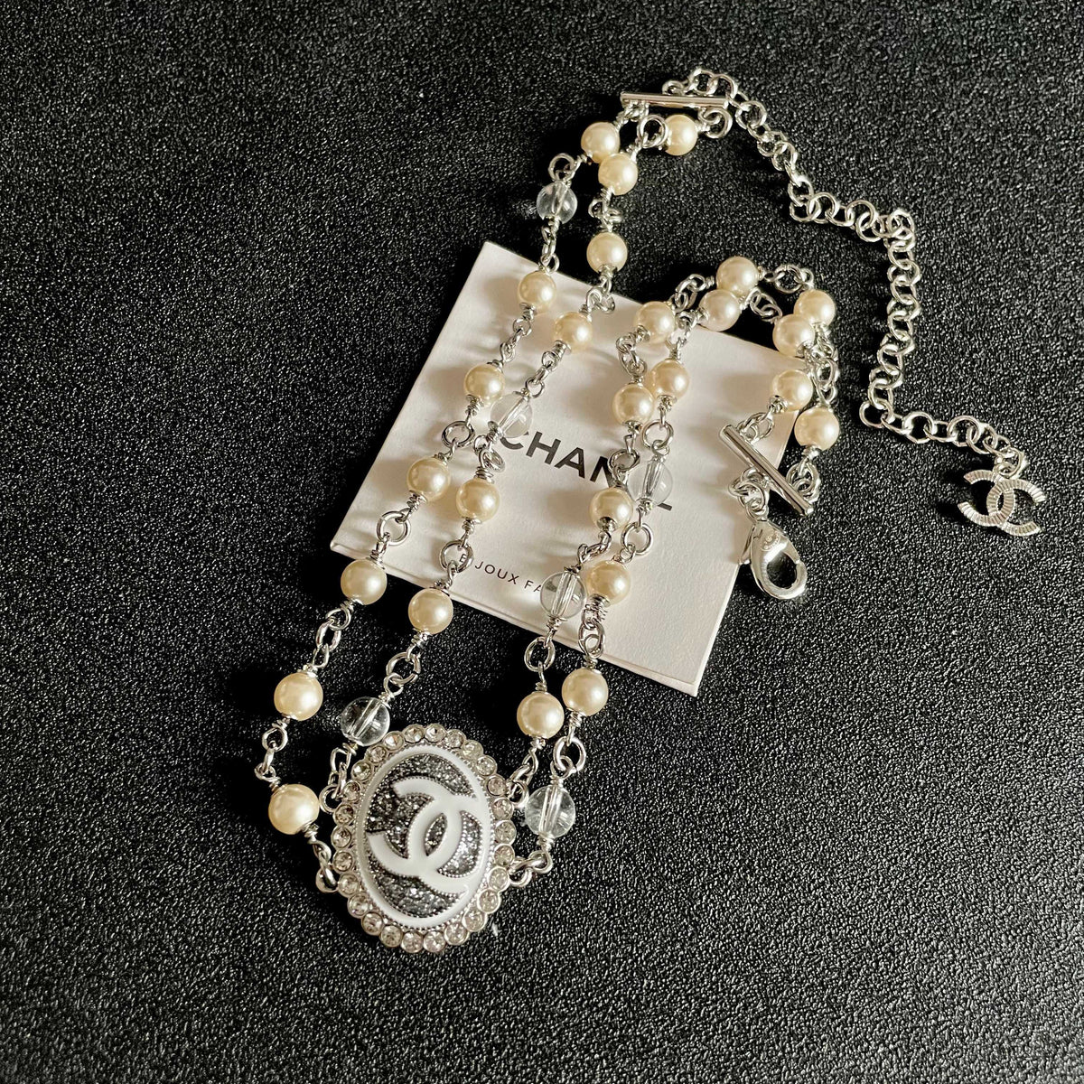 Double-C Emblem Pearl-Detail Pendant Necklace – Pearl Detail – Design 095 detail view