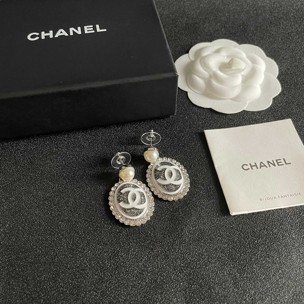 Double-C Emblem Pearl-Detail Statement Earrings – Pearl Detail – Design 015 styled product view
