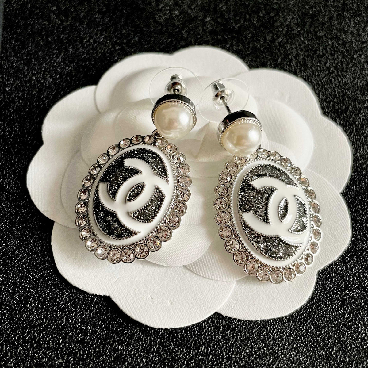 Double-C Emblem Pearl-Detail Statement Earrings – Pearl Detail – Design 015 front product view