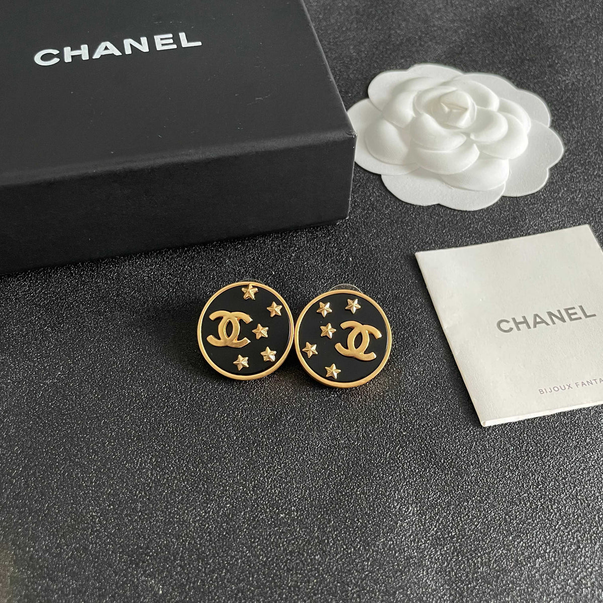 Double-C Emblem Stud Earrings in Polished Metal-Tone – Star Detail – Design 015 styled product view