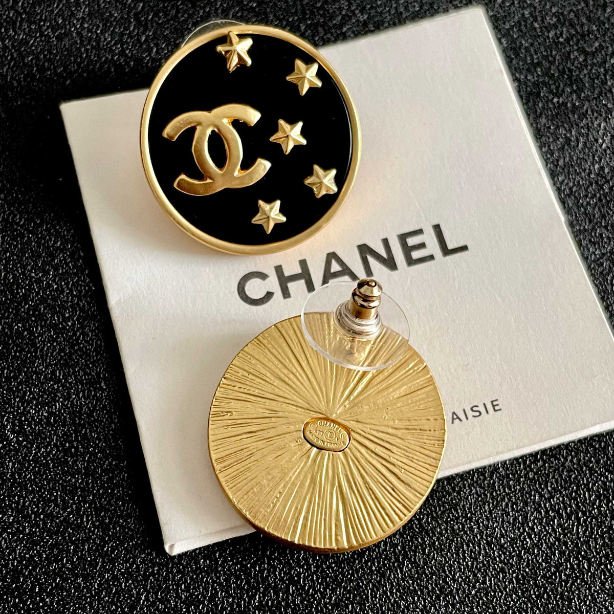 Double-C Emblem Stud Earrings in Polished Metal-Tone – Star Detail – Design 008 main product view