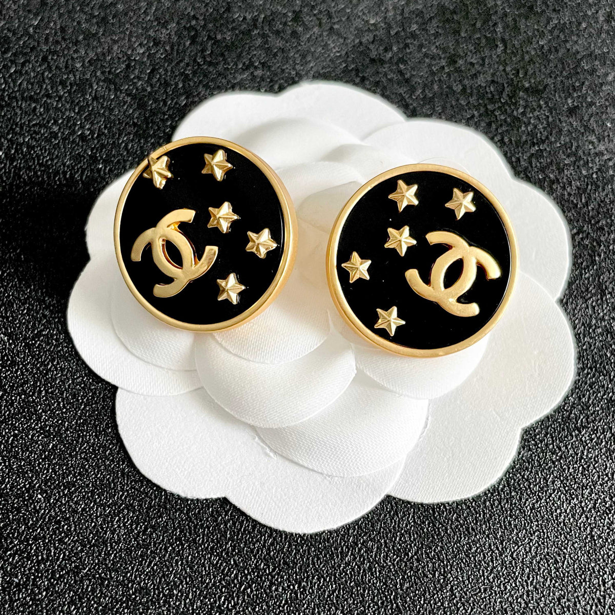 Double-C Emblem Stud Earrings in Polished Metal-Tone – Star Detail – Design 008 front product view