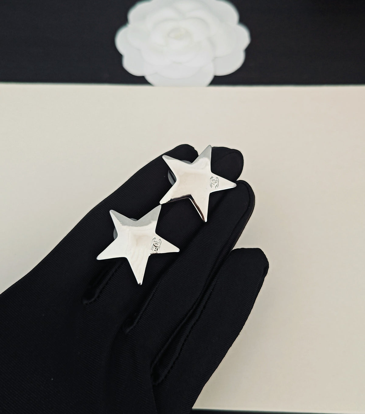 Signature Emblem Stud Earrings in Gold-Tone – White Detail – Design 005 main product view