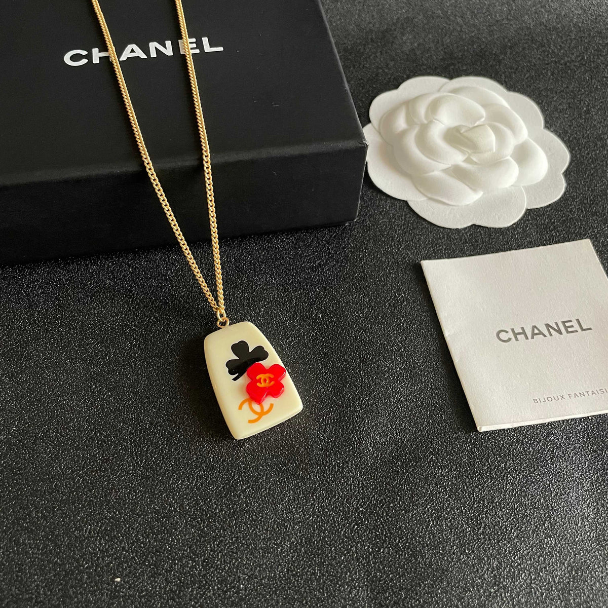 Camellia Pendant Necklace in Polished Metal-Tone – Camellia Detail – Design 020 styled product view