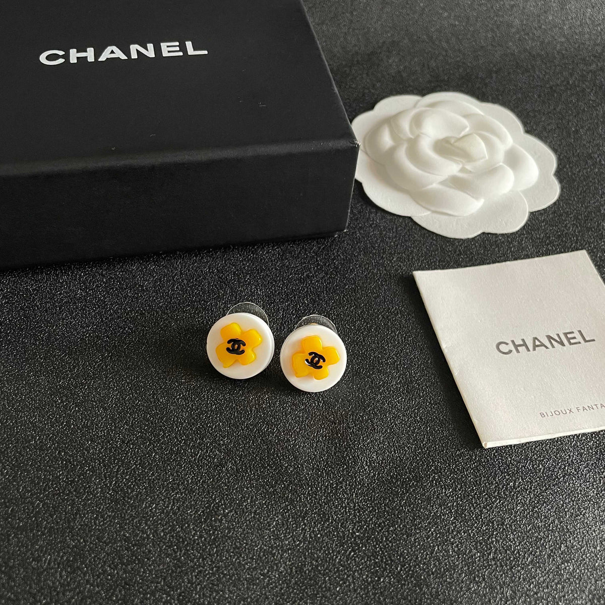 Camellia Stud Earrings in Polished Metal-Tone – Camellia Detail – Design 045 styled product view