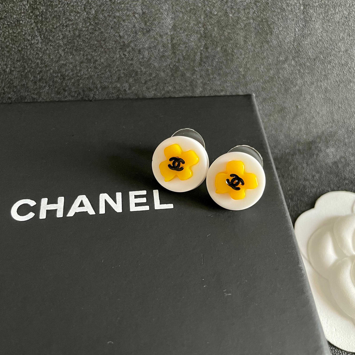 Camellia Stud Earrings in Polished Metal-Tone – Camellia Detail – Design 045 detail view