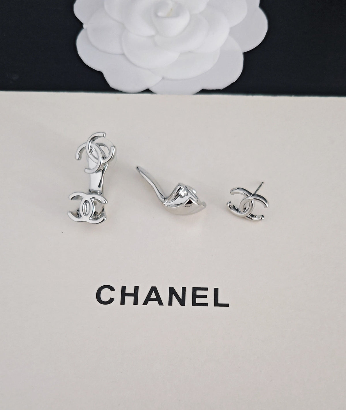 Signature Emblem Statement Earrings in Gold-Tone – White Detail – Design 003 styled product view