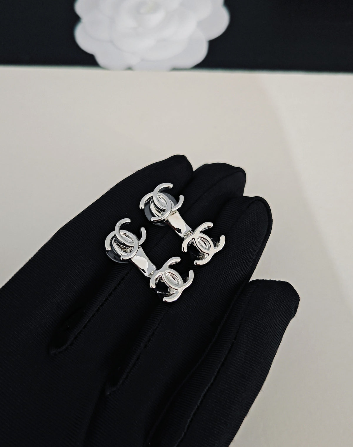 Signature Emblem Statement Earrings in Gold-Tone – White Detail – Design 003 detail view