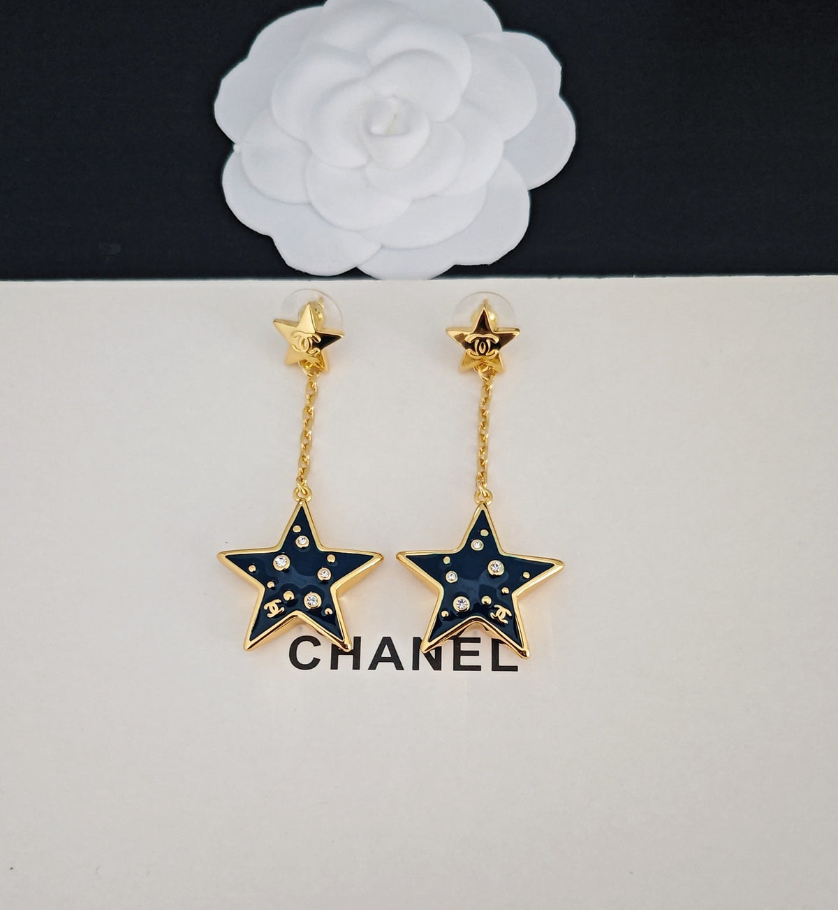 Signature Emblem Statement Earrings in Gold-Tone – Blue Detail – Design 004 side detail
