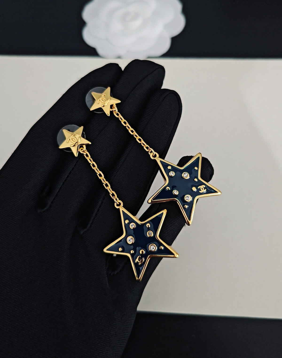 Signature Emblem Statement Earrings in Gold-Tone – Blue Detail – Design 004 detail view