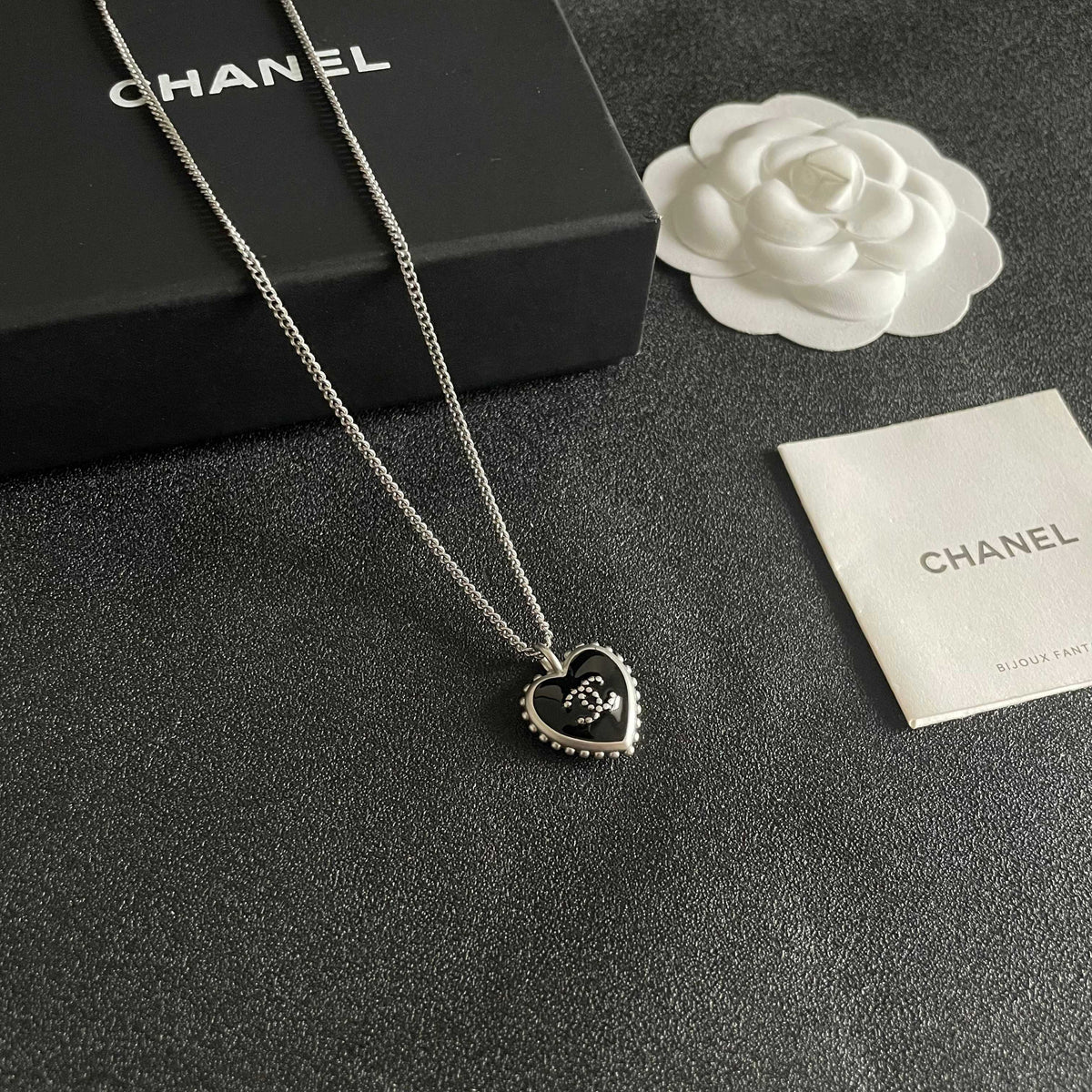 Double-C Emblem Pendant Necklace in Polished Metal-Tone – Heart Detail – Design 003 styled product view