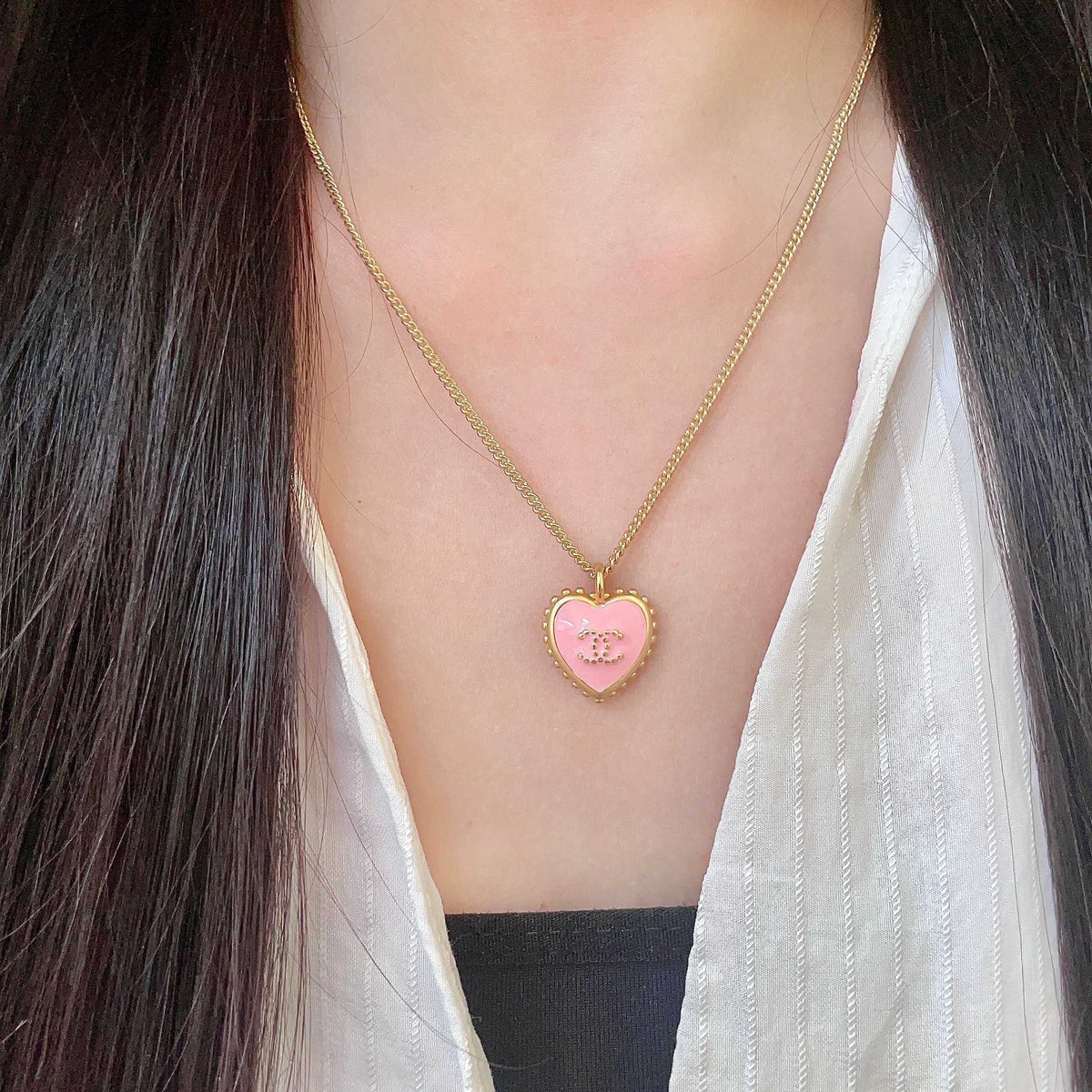 Double-C Emblem Pendant Necklace in Polished Metal-Tone – Heart Detail – Design 004 detail view