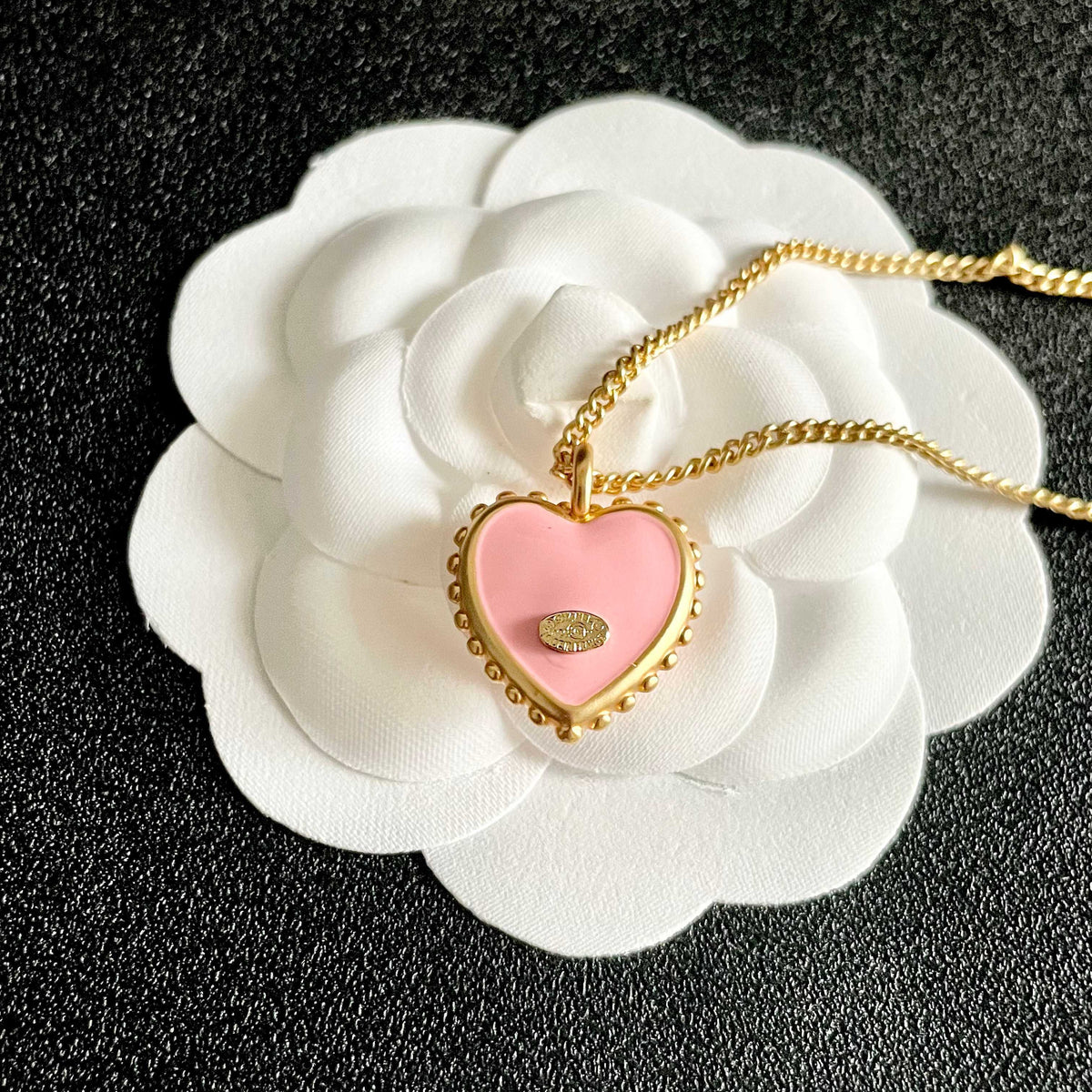 Double-C Emblem Pendant Necklace in Polished Metal-Tone – Heart Detail – Design 002 front product view