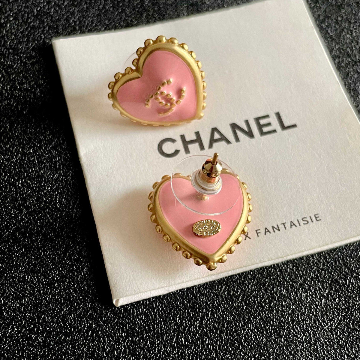 Double-C Emblem Stud Earrings in Polished Metal-Tone – Heart Detail – Design 011 main product view