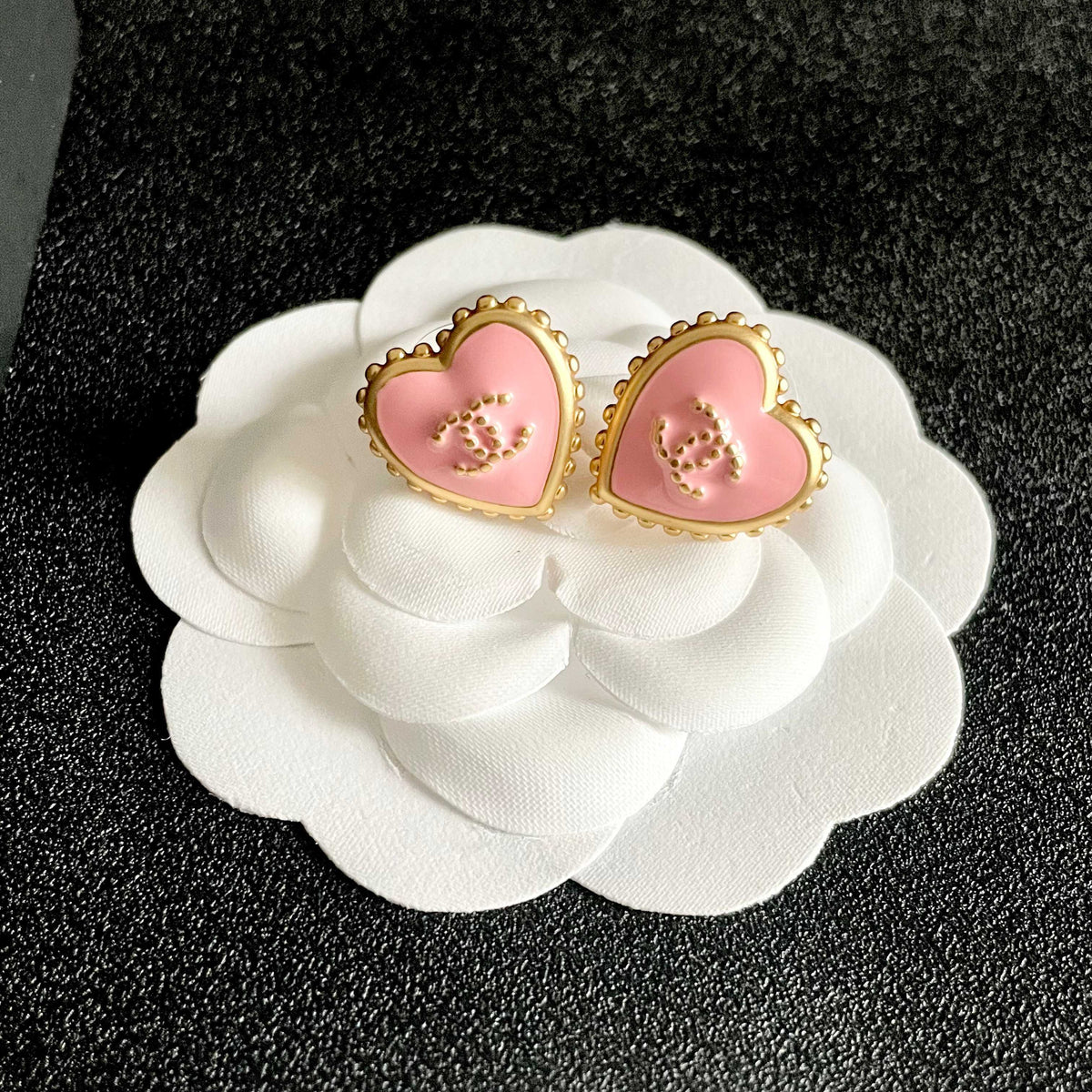 Double-C Emblem Stud Earrings in Polished Metal-Tone – Heart Detail – Design 011 front product view
