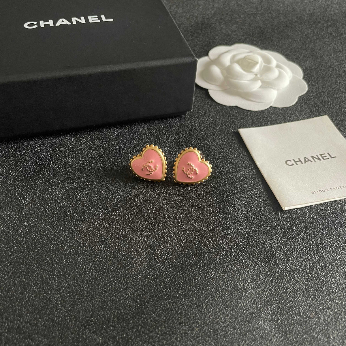 Double-C Emblem Stud Earrings in Polished Metal-Tone – Heart Detail – Design 011 styled product view