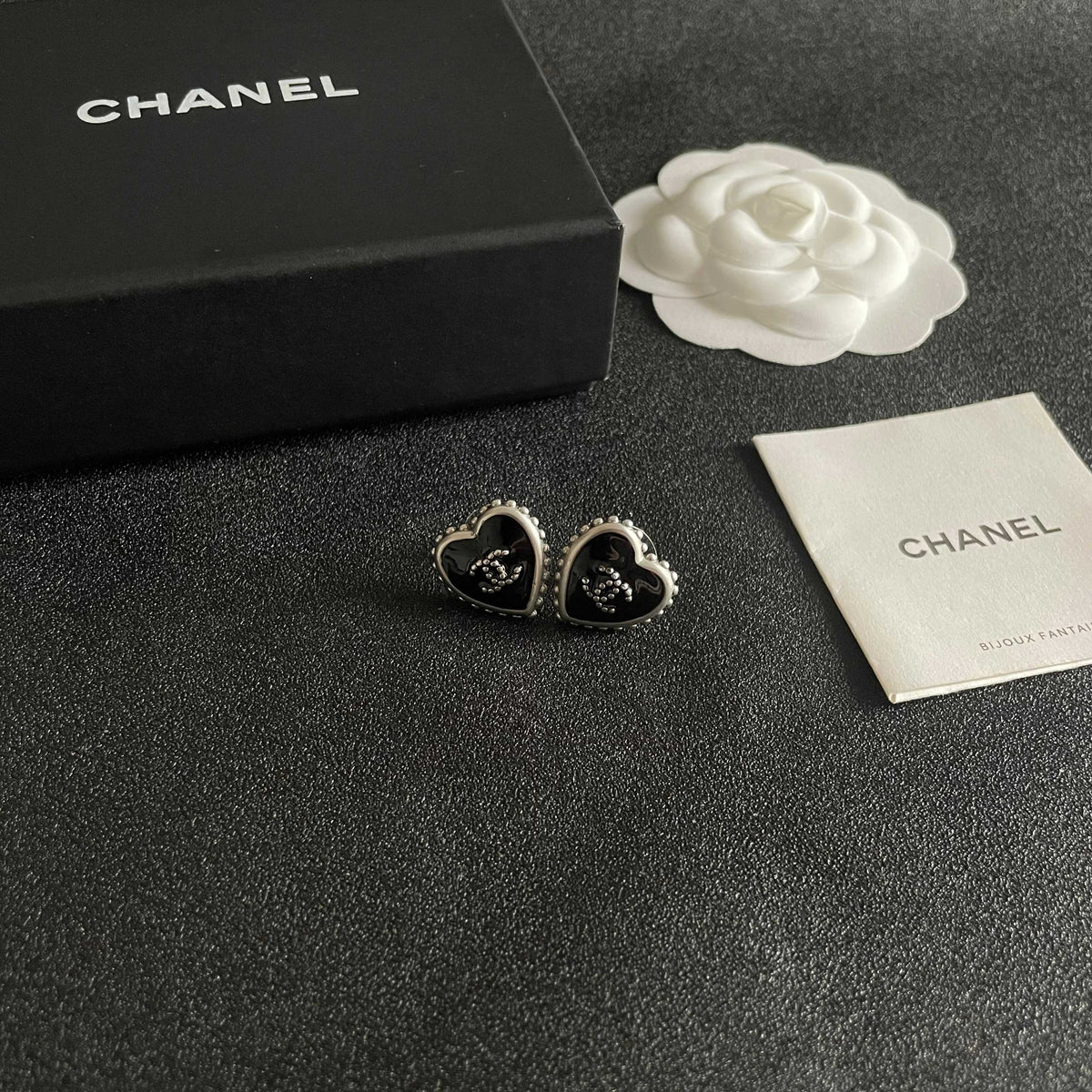 Double-C Emblem Stud Earrings in Polished Metal-Tone – Heart Detail – Design 010 styled product view