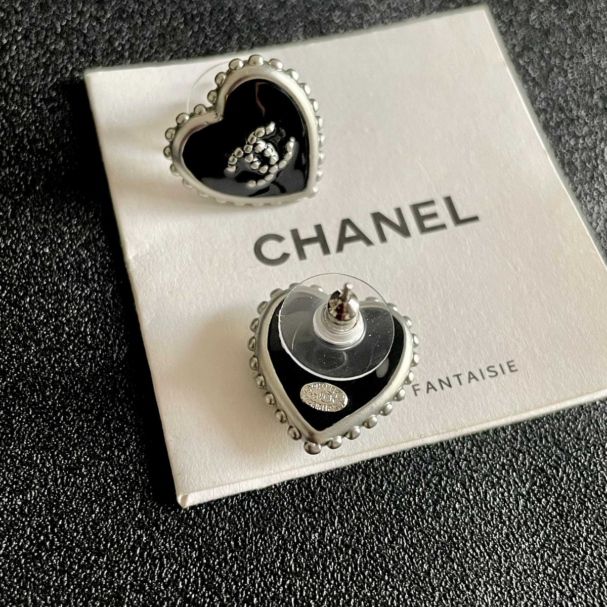 Double-C Emblem Stud Earrings in Polished Metal-Tone – Heart Detail – Design 010 main product view