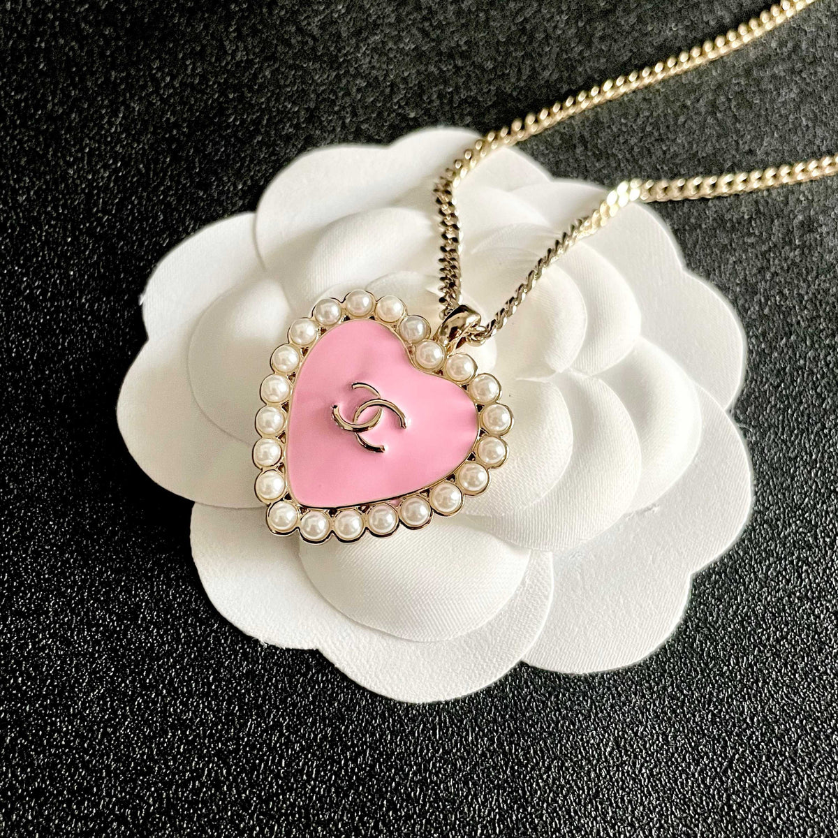 Double-C Emblem Pearl-Detail Pendant Necklace – Pearl Detail – Design 083 front product view