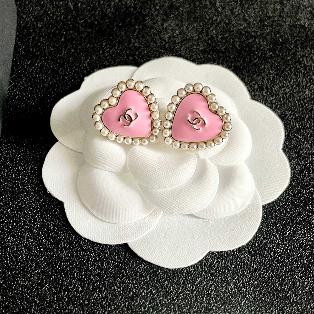 Double-C Emblem Pearl-Detail Stud Earrings – Pearl Detail – Design 018 front product view