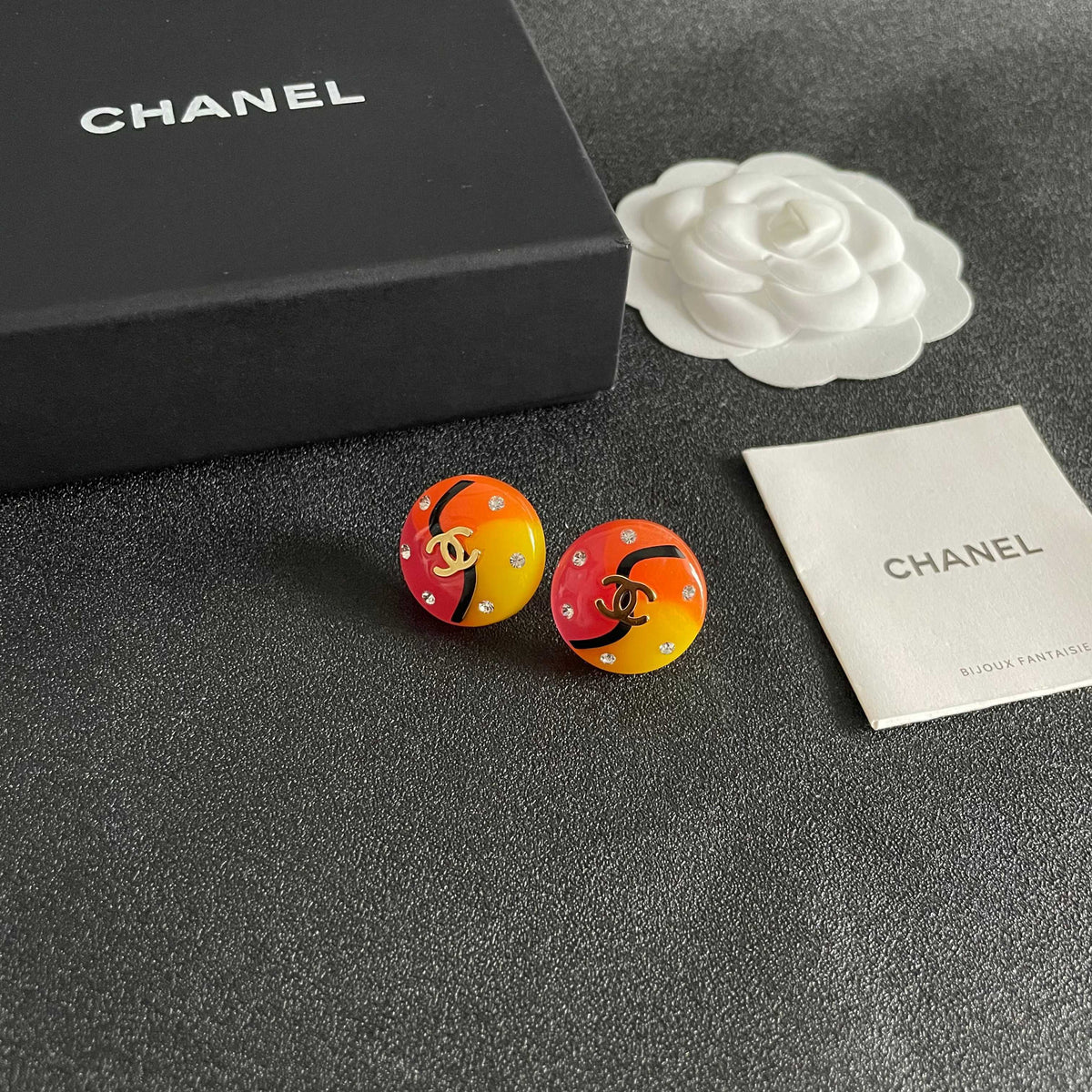 Double-C Emblem Stud Earrings in Polished Metal-Tone – Design 335 styled product view
