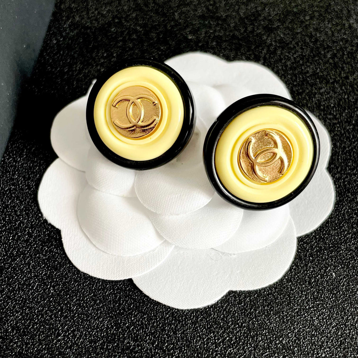 Double-C Emblem Stud Earrings in Polished Metal-Tone – Design 310 front product view