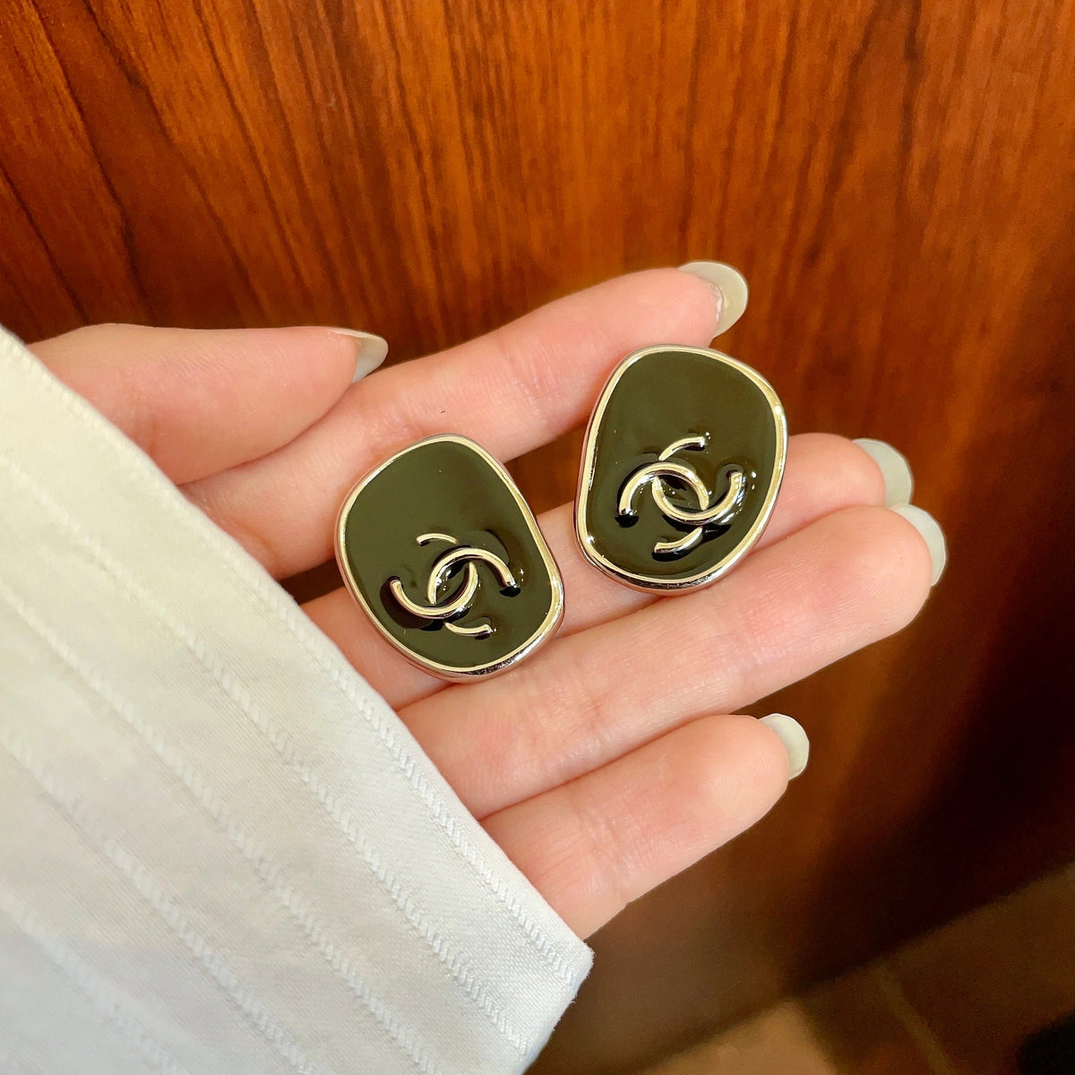 Double-C Emblem Stud Earrings in Polished Metal-Tone – Design 331 side detail