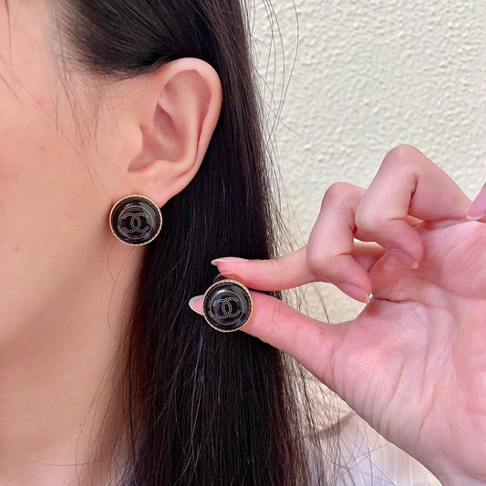 Double-C Emblem Stud Earrings in Polished Metal-Tone – Design 312 main product view