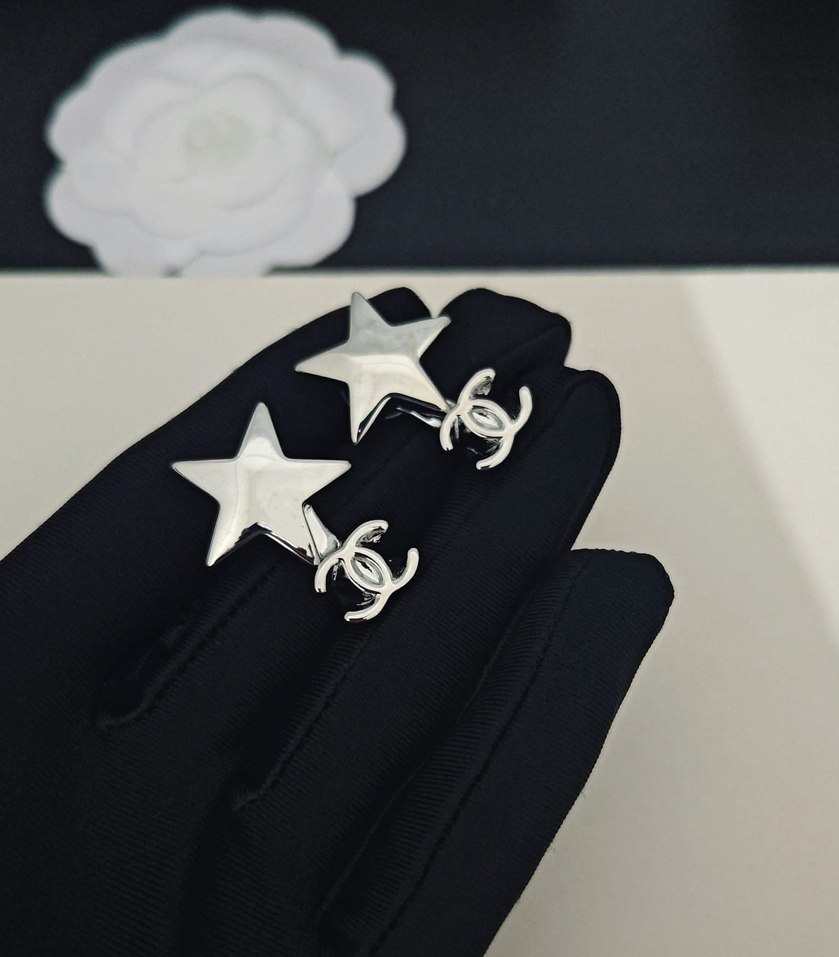 Signature Emblem Statement Earrings in Gold-Tone – White Detail – Design 004 detail view