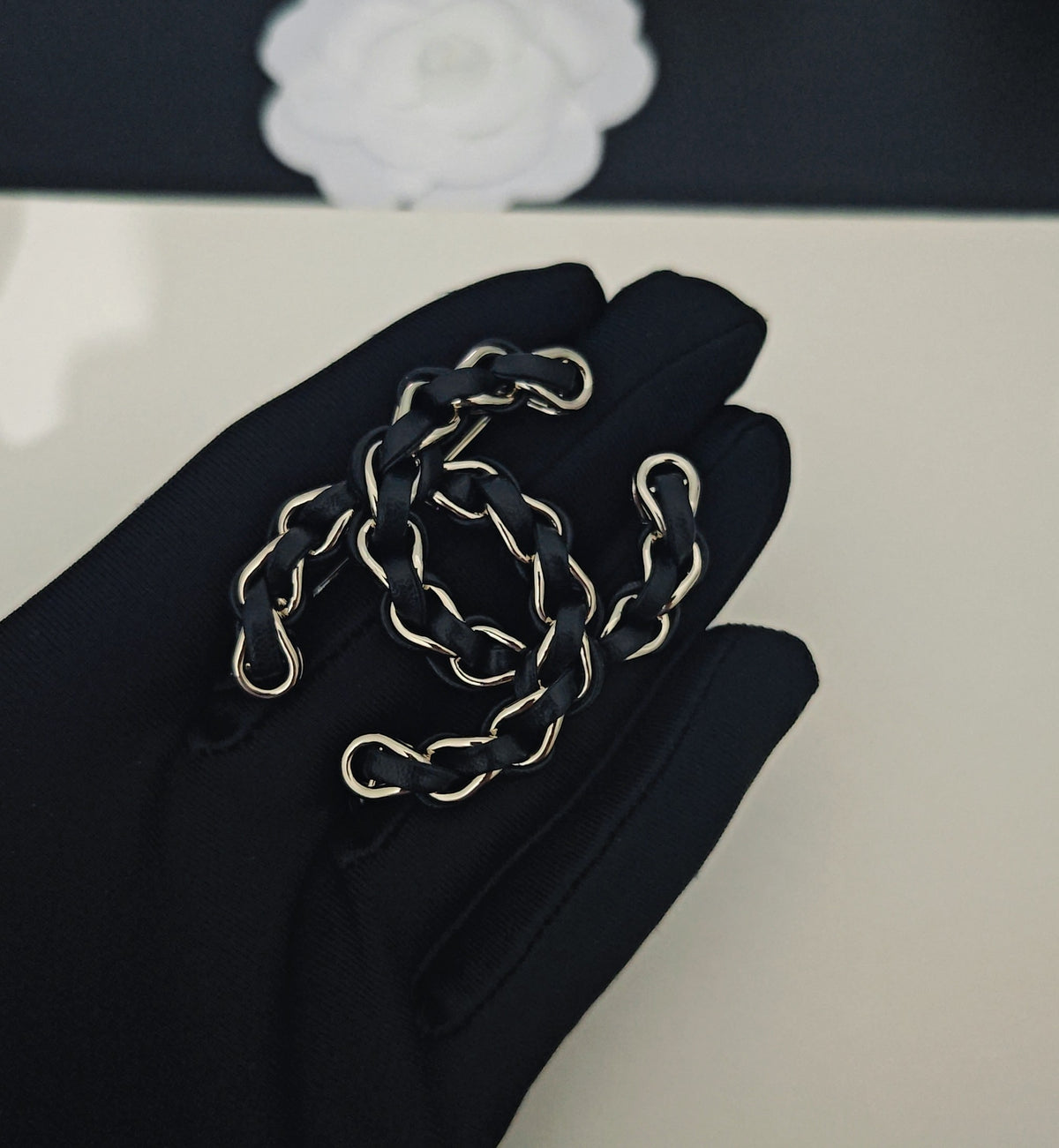 Signature Emblem Brooch in Gold-Tone – Black Detail – Design 003 front product view