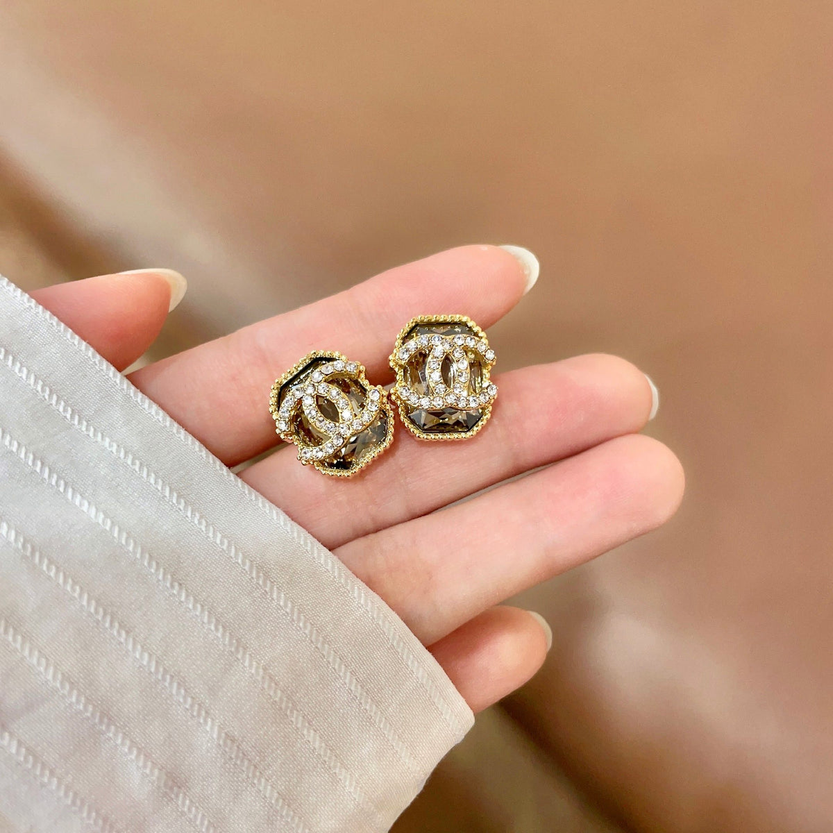 Signature Emblem Stud Earrings in Polished Metal-Tone – Design 077 side detail