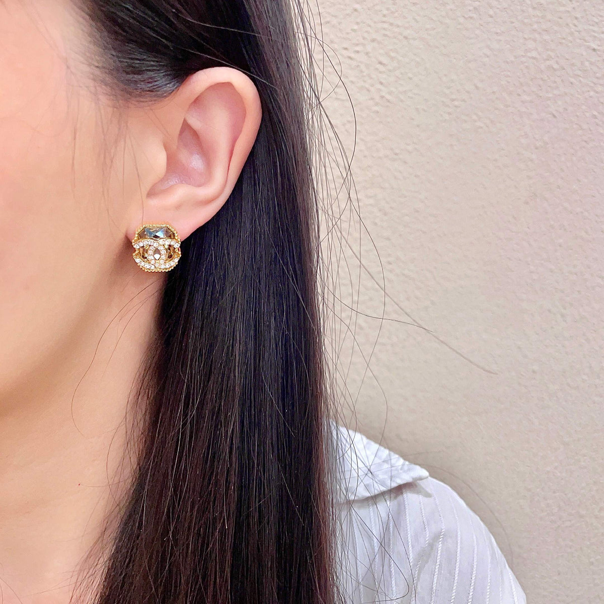Signature Emblem Stud Earrings in Polished Metal-Tone – Design 077 detail view