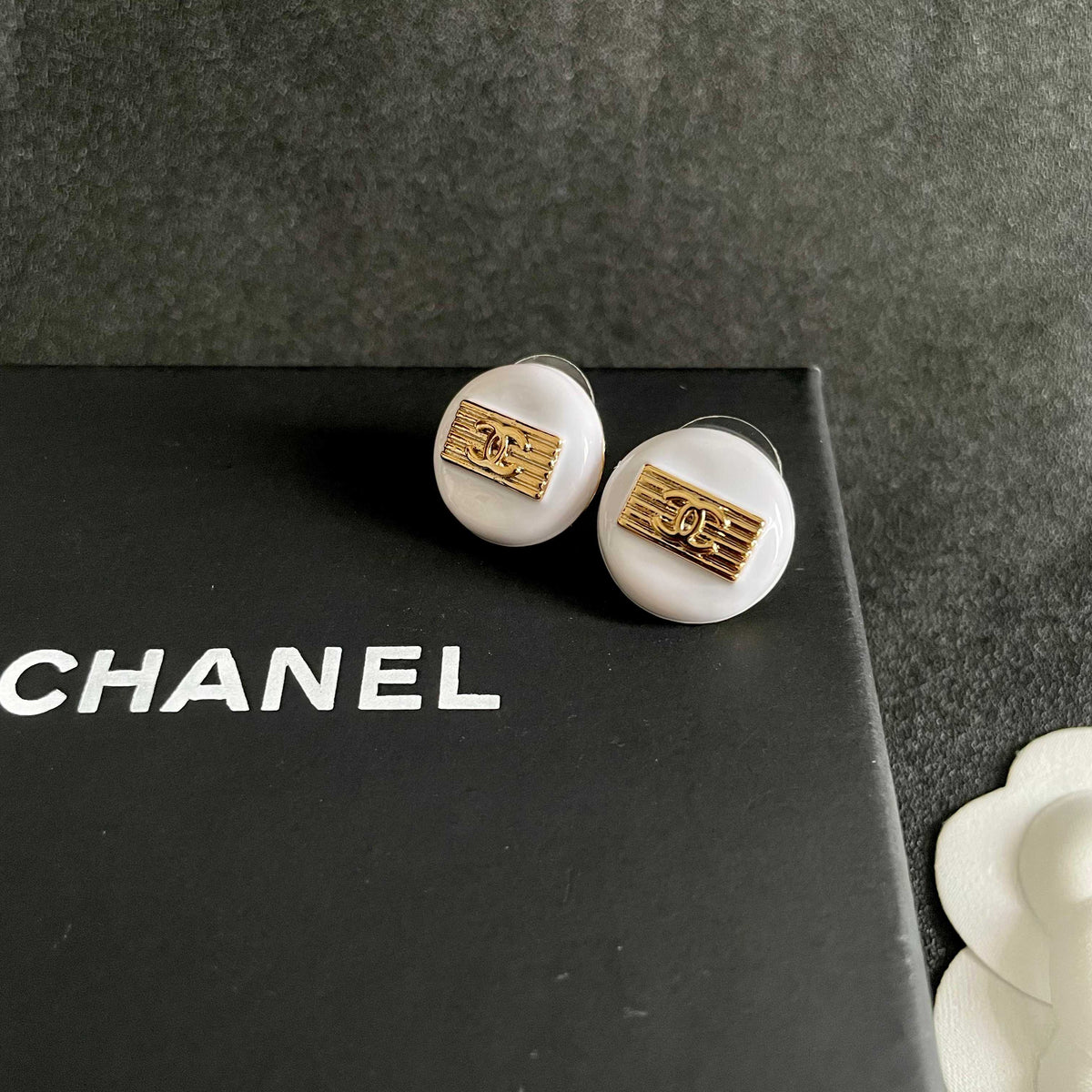 Signature Emblem Stud Earrings in Polished Metal-Tone – Design 073 detail view