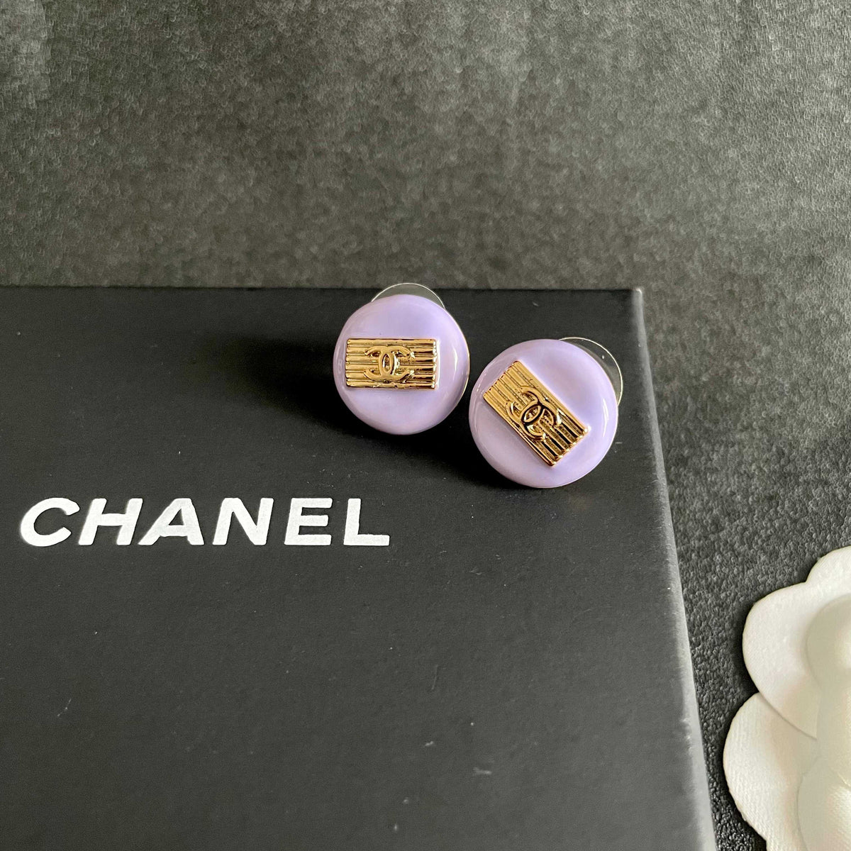 Signature Emblem Stud Earrings in Polished Metal-Tone – Design 072 detail view