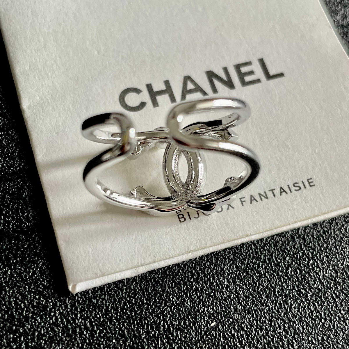 Double-C Emblem Statement Ring in Polished Metal-Tone – White Detail – Design 002 main product view