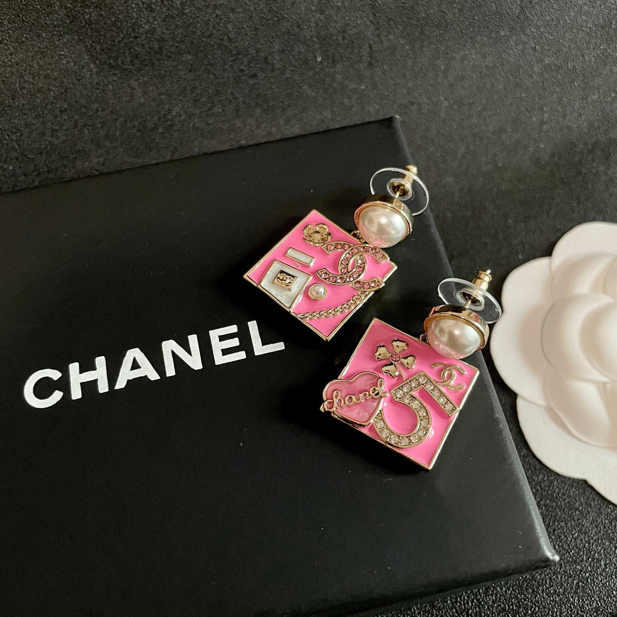 Double-C Emblem Statement Earrings in Polished Metal-Tone – Design 053 detail view