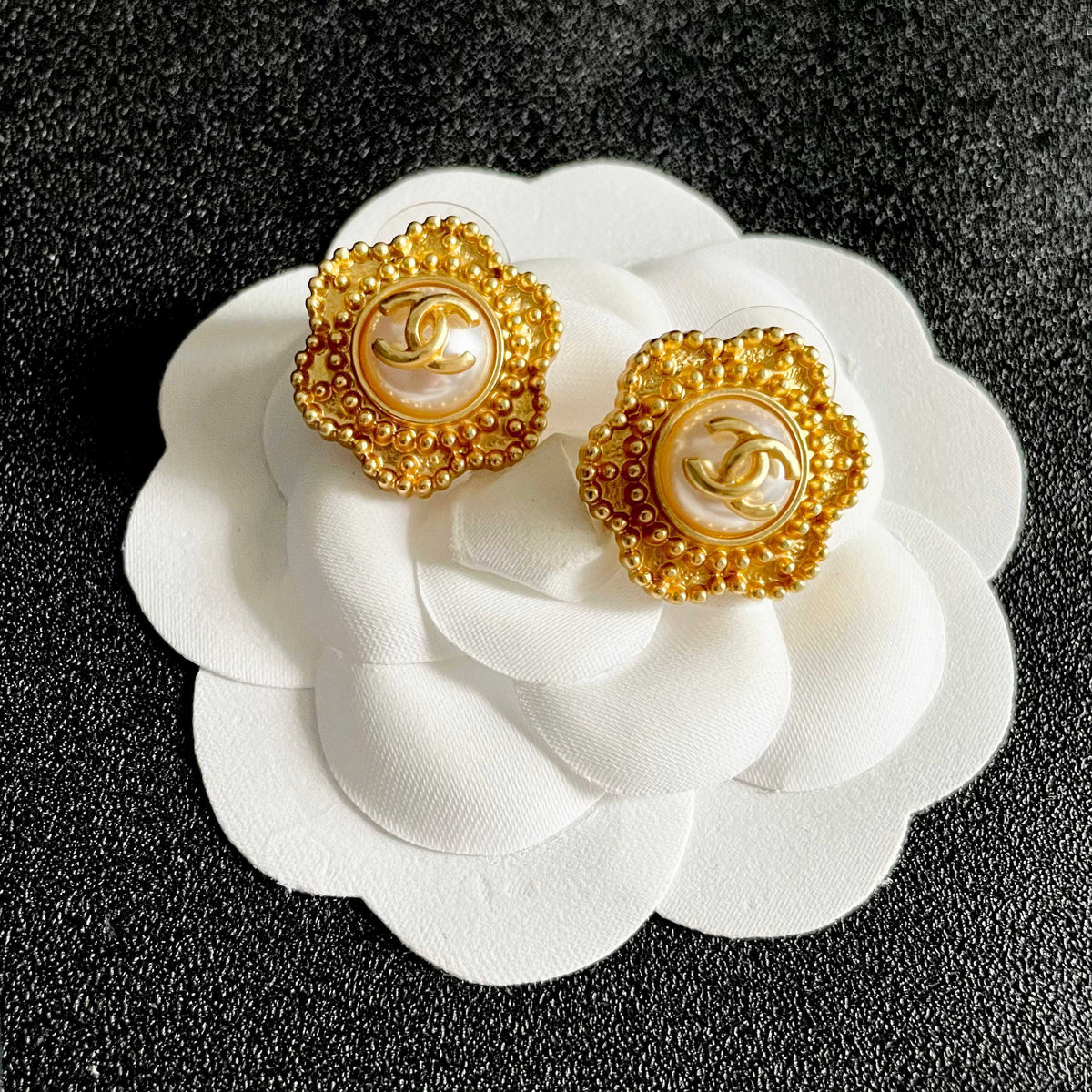Double-C Emblem Stud Earrings in Polished Metal-Tone – Design 340 front product view